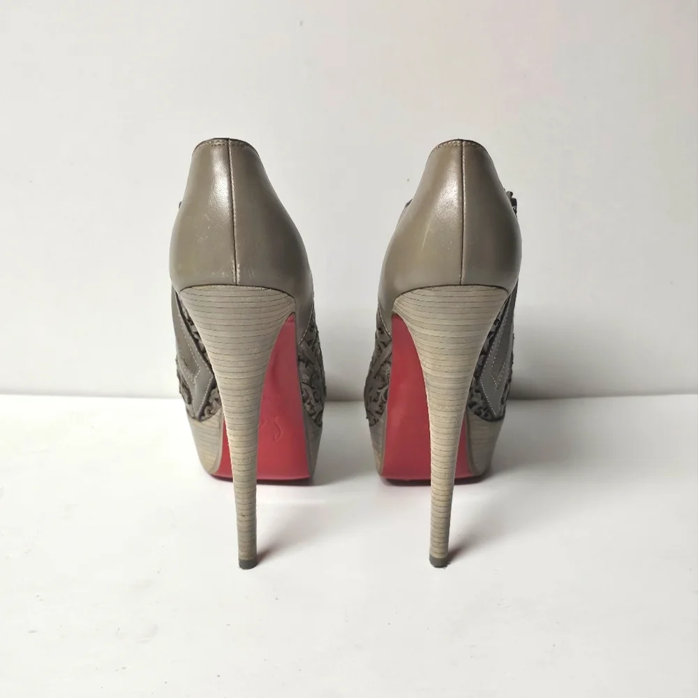 Christian Louboutin Brown Laser-Cut Leather Pampas 150 Peep Toe Ankle Boots Size - Picture 4 of 9